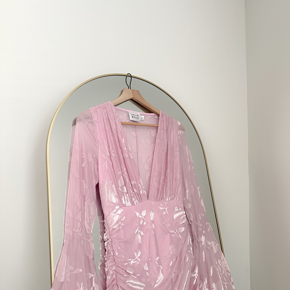 Hello Molly Pink Floral Sheer Long-Sleeve V-Neck Mini Dress